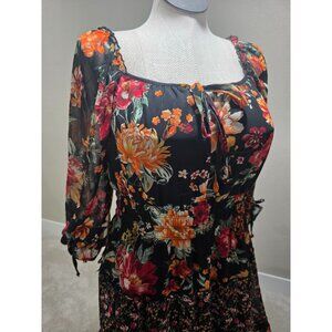 Floral Black & Orange Maxi Dress With Smocked Waist & Tie Neck Long Sheer Sleeve